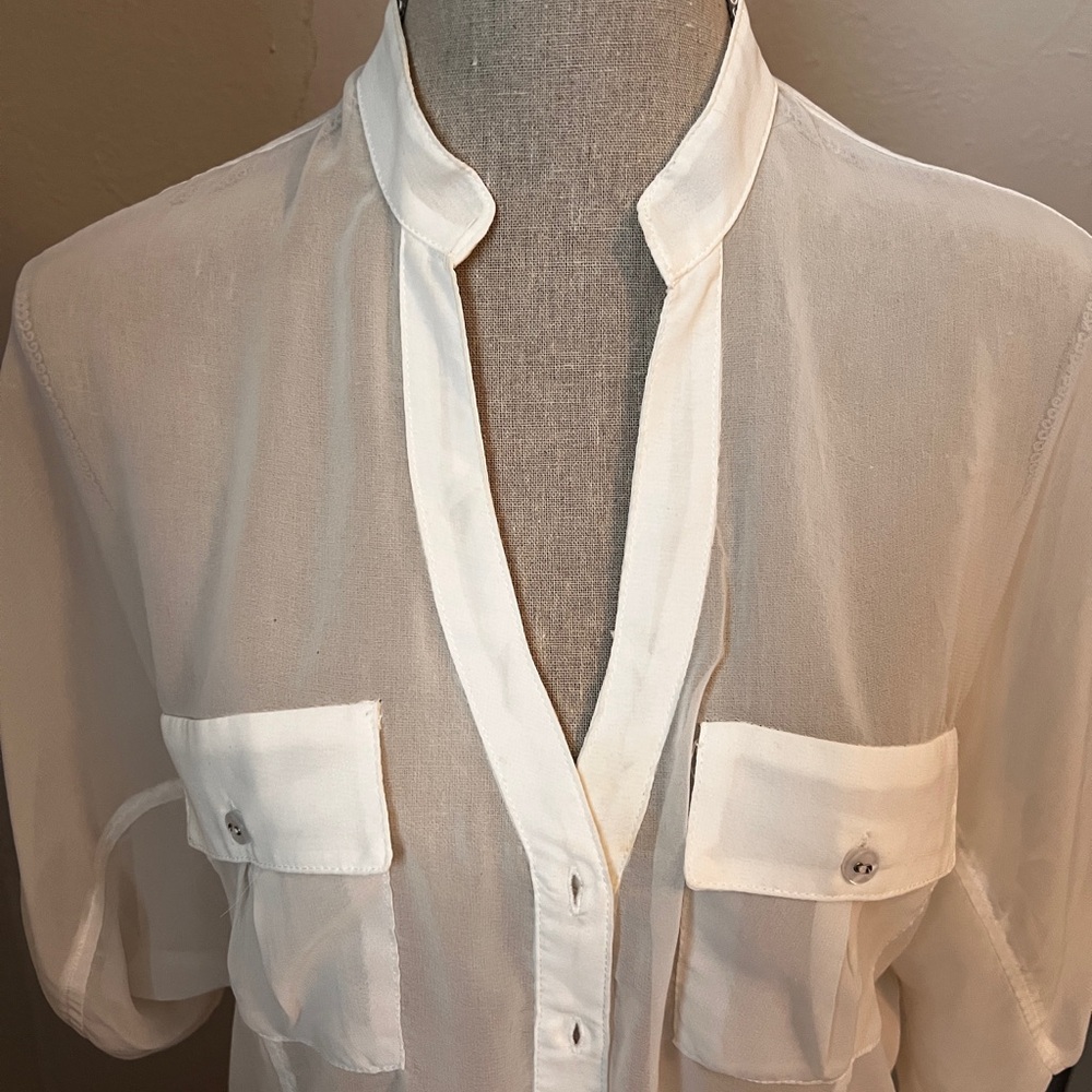 Double Zero Sheer White Button Down Top Size Small - Picture 2 of 14